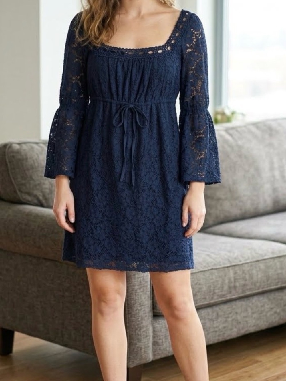 Laundry by Design Navy Blue Lace Peasant Empire Dress size M 0192